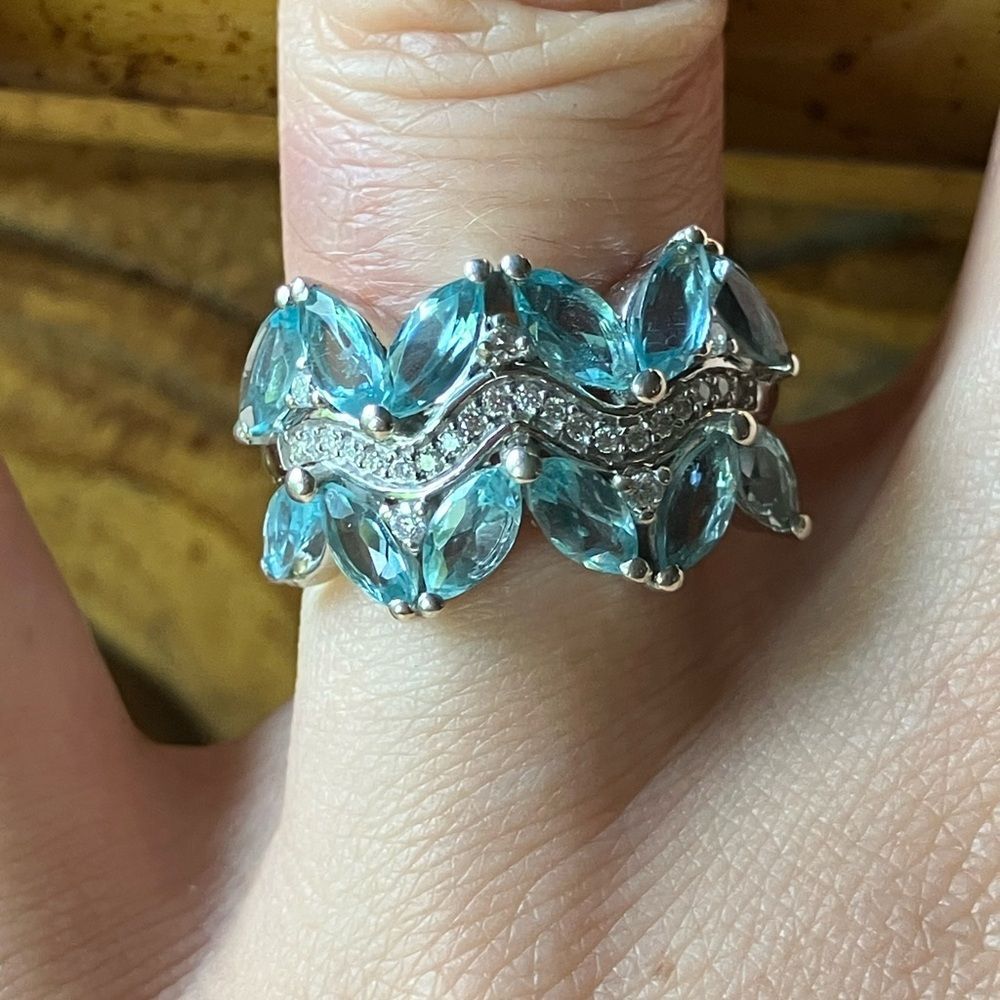 Natural Blue Apatite Moissanite Sterling Silver Ring Size 6